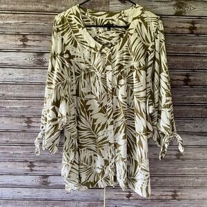 Talbots Women's Button-Down Blouse Size 3X White‎ Green Tropical Tie